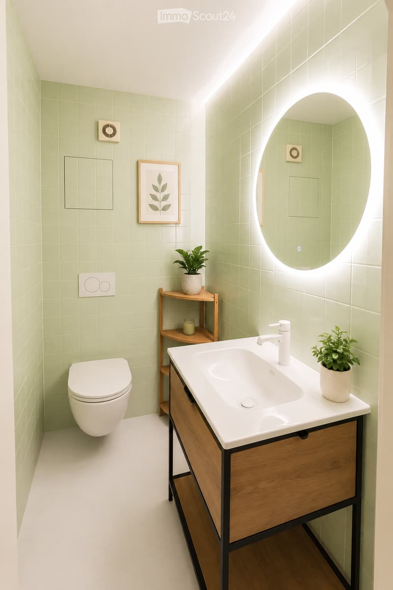 Modern bathroom with light green tiled walls, white toilet, wooden vanity with sink, round mirror, and small wooden shelf holding plants and candles.