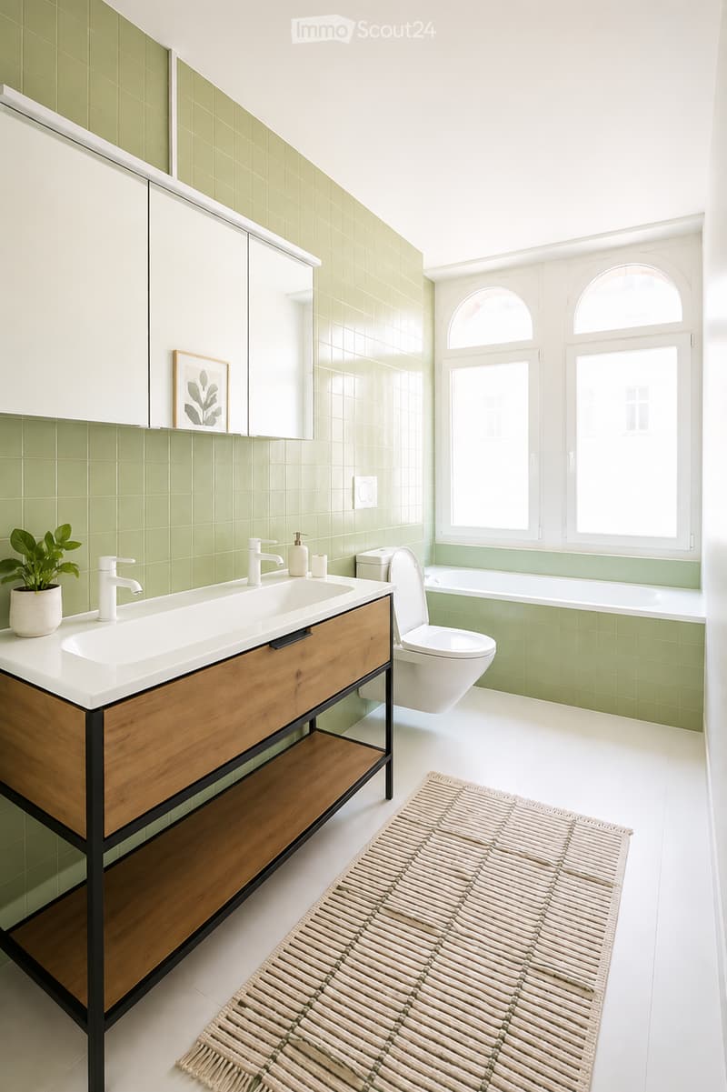 Modern bathroom with green tiled walls, white sink with wooden cabinet, toilet, bathtub, and large windows allowing natural light.