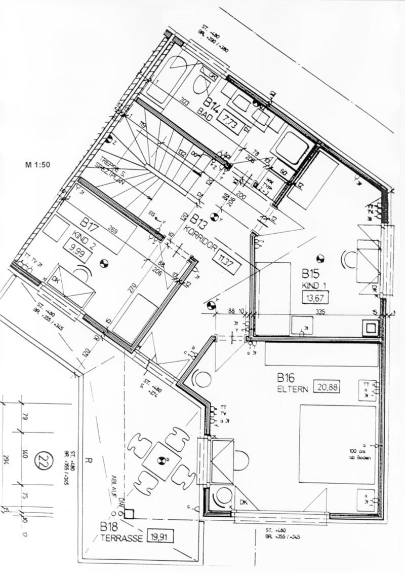 Floor plan of a residential unit with multiple rooms including bedrooms, bathrooms, a corridor, and a terrace.