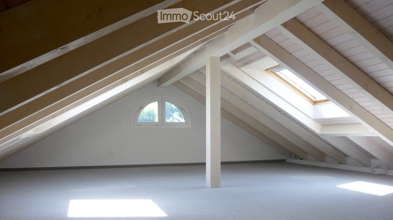 Empty attic space with exposed wooden beams, white walls, and skylights allowing natural light to enter.