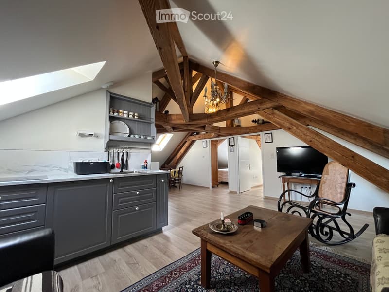 The image shows a cozy attic space with exposed wooden beams and skylights. The room features a modern kitchen area with dark cabinets, a sink, and various kitchen utensils. A living area includes a wooden coffee table, a rocking chair, a sofa, and a tele