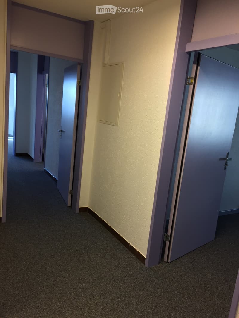 Empty hallway with two open doors, grey carpeting, white and purple walls