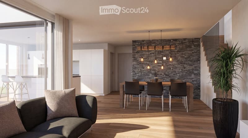 Modern open-plan living and dining area with wooden flooring, a grey sofa, a dining table with chairs, and a kitchen area with white cabinets and a stone accent wall.