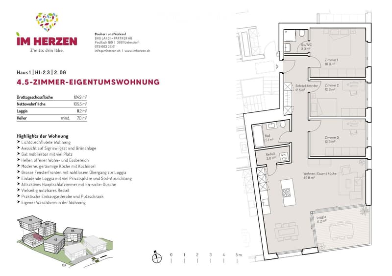 Floor plan of a 4.5-room apartment on the 2nd floor, including living room, kitchen, 3 bedrooms, bathroom, hallway, and loggia.