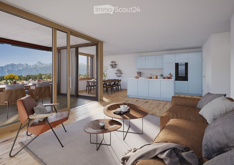 Open living room with large windows and balcony access, wooden floor, modern furniture, view of mountains