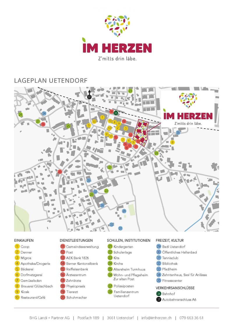 Layout map of Uetendorf showing numbered locations for shops, services, schools, institutions, and leisure/culture facilities, with a highlighted area in red.