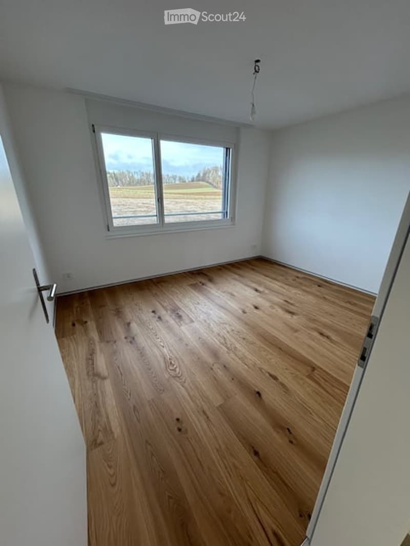 empty room, wooden floor, white walls, large window, power outlet