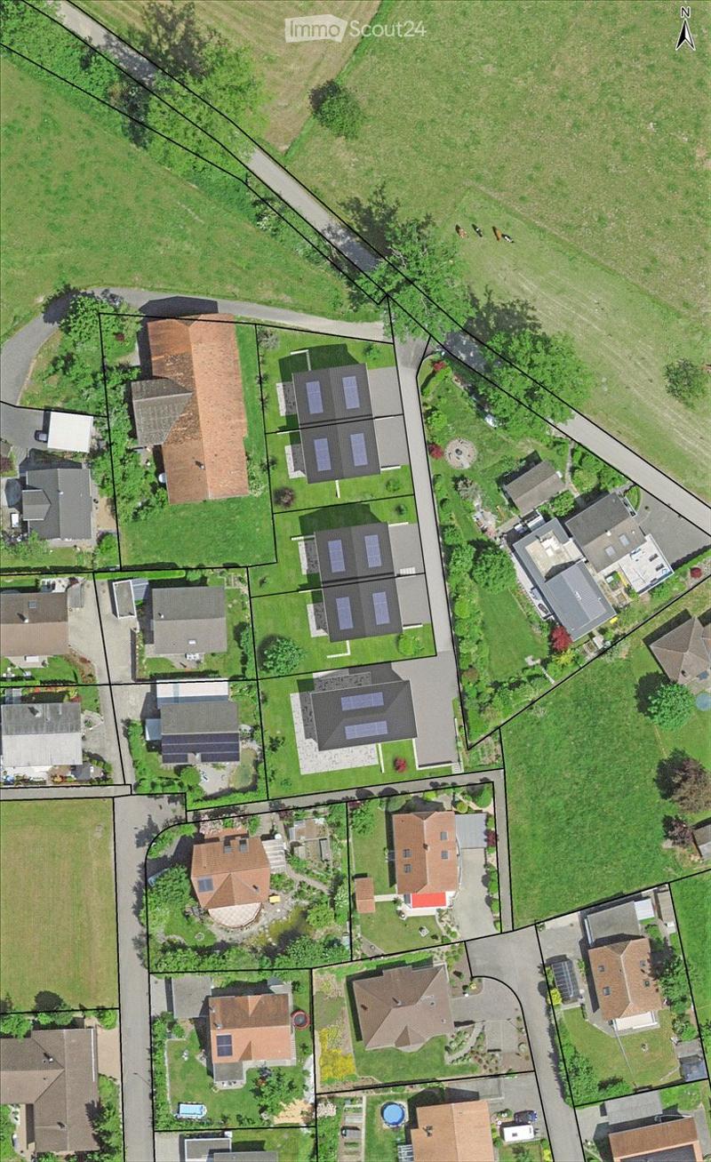 Multiple houses, solar panels, swimming pool, driveways, gardens
