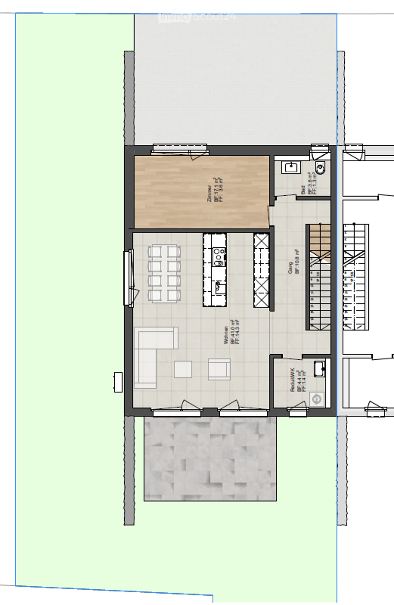 Open floor plan with kitchen, dining area, living room, 2 bedrooms, 2 bathrooms, balcony