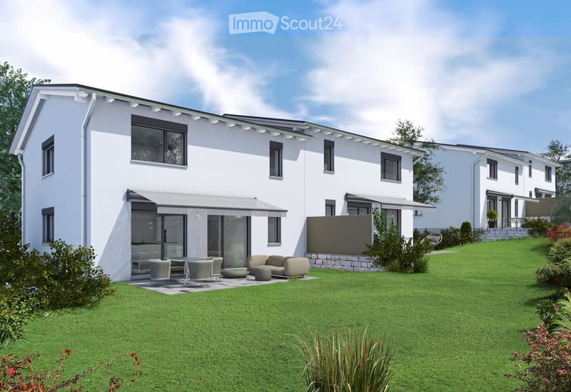 Modern white house, 2 stories, large windows, terrace, garden, patio furniture