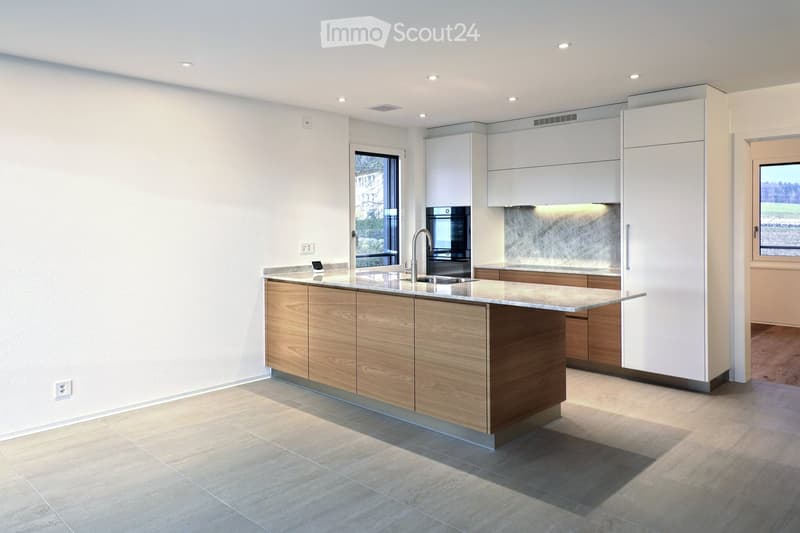 modern kitchen with island, white cabinets, granite countertops, stainless steel appliances, large windows