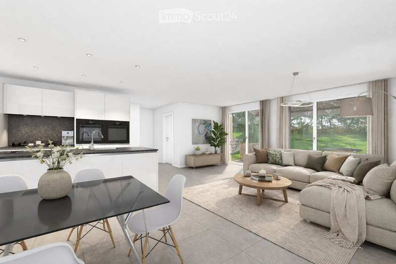 Furnished Room. Modern open-plan living and dining area with a grey sectional sofa, coffee table, dining table with chairs, and a sleek kitchen area with white cabinets, a black countertop, and stainless steel appliances.