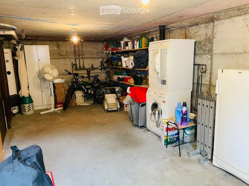 A basement utility room with a washing machine, fan, bicycle, refrigerator, shelves, and cleaning supplies.