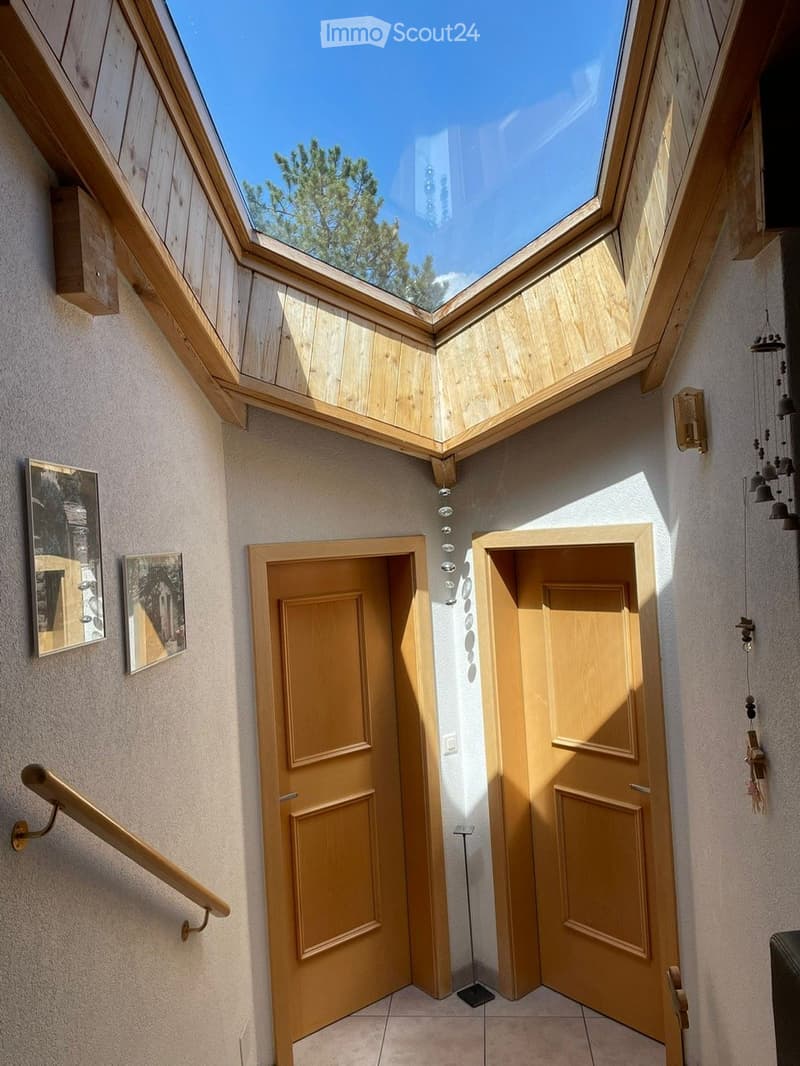 Bright hallway with wooden doors, a skylight, and decorative wall-mounted items.