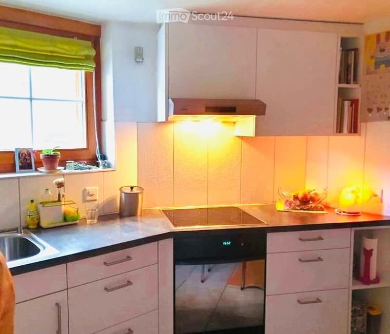 Modern kitchen with white cabinets, stainless steel appliances, and a sleek countertop. Features include an electric stovetop, built-in oven, and a window with green blinds.