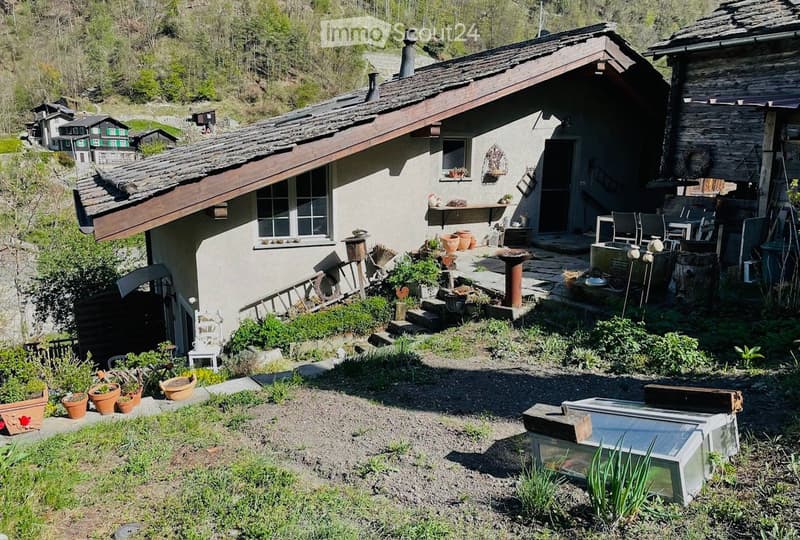 A rustic garden area with a small house, potted plants, outdoor furniture, and a stone pathway.