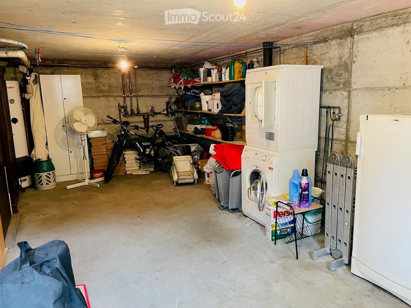 A cluttered basement or utility room with a washing machine, refrigerator, fan, bicycle, shelves filled with cleaning supplies and storage boxes.