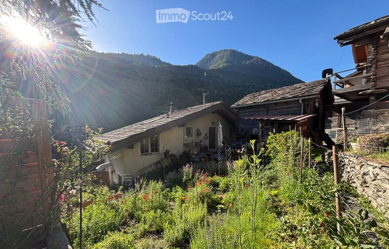 A picturesque garden area with a small house, surrounded by lush greenery and flowers, with a mountain view in the background.