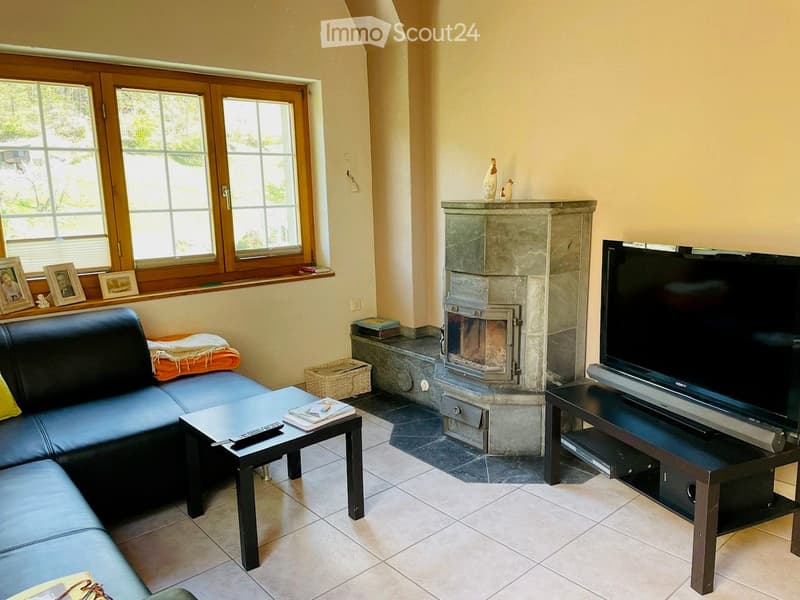 Living room with a blue leather sofa, coffee table, television, fireplace, and picture frames on the windowsill.