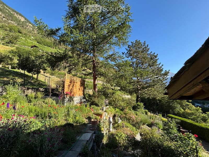 A lush garden with various plants, flowers, and trees, surrounded by a wooden fence and a stone wall, with a view of a mountainous landscape in the background.