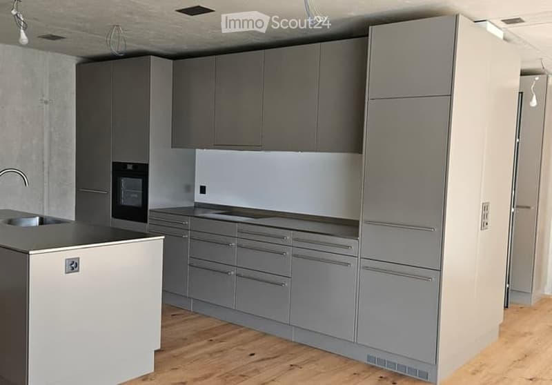 Modern kitchen with grey cabinets, stainless steel sink, oven, and wooden flooring.