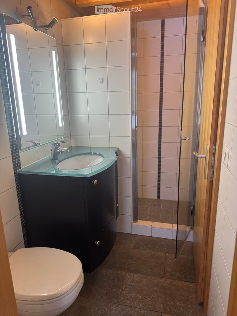 Modern bathroom with a white tiled wall, a black cabinet with a glass countertop sink, a large mirror, a toilet, and a glass-enclosed shower area.