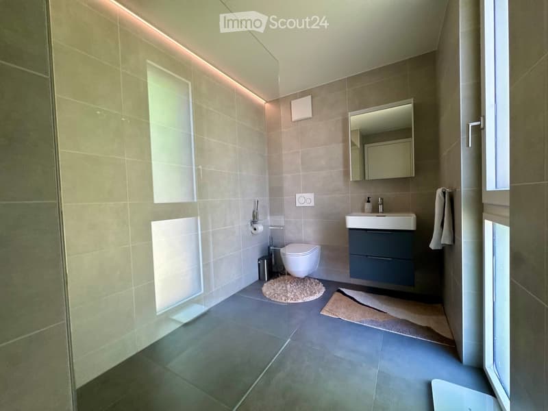 Modern bathroom with grey tiles, a toilet, a sink with a cabinet, a mirror, a towel, and a glass shower enclosure.