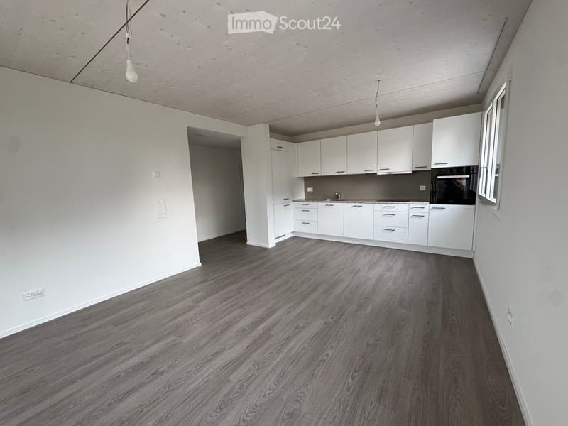 Empty kitchen with white cabinets, dark wooden flooring, and a window on the right side.
