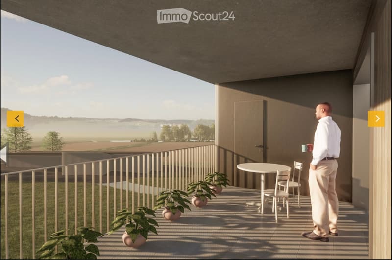 Balcony with a white table, two chairs, and several potted plants, overlooking a scenic countryside view.