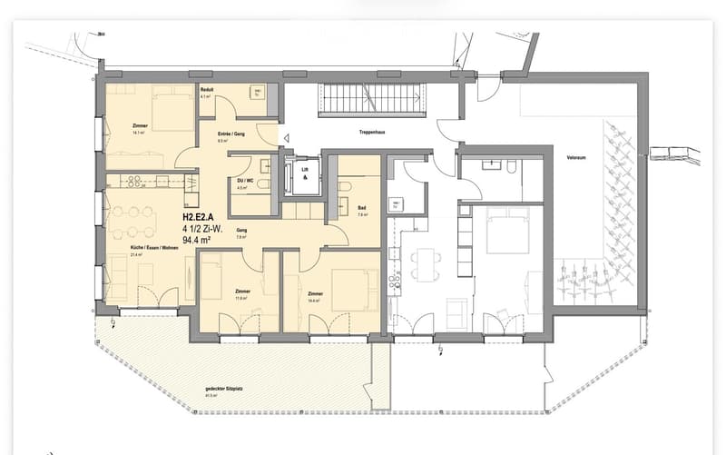 Floor plan of a 4.5-room apartment with kitchen, living area, two bedrooms, bathroom, and entrance area. Includes a covered patio and staircase.