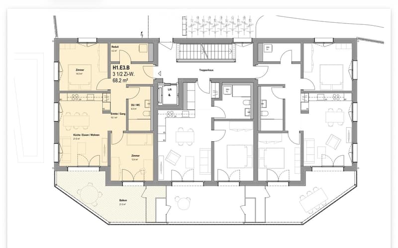 Floor plan of a residential unit featuring a living/dining area, kitchen, three bedrooms, two bathrooms, a balcony, and a staircase leading to an additional level.