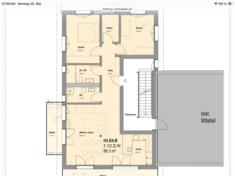 Floor plan of a 3.5-room apartment with living/dining area, kitchen, three bedrooms, two bathrooms, hallway, staircase, and balcony.