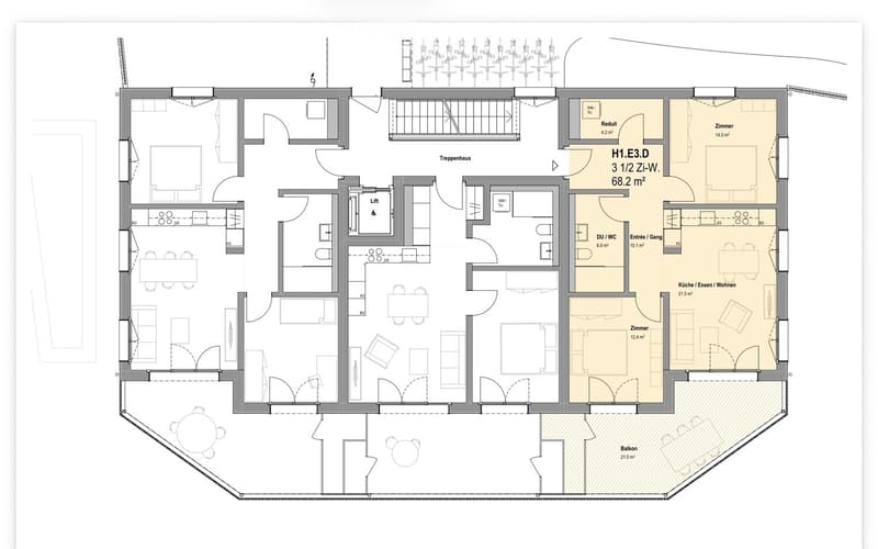 Floor plan of a multi-room apartment with a living/dining area, kitchen, three bedrooms, two bathrooms, and a balcony.