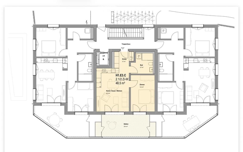 Floor plan of a 48.5 m² apartment featuring a living/dining area, kitchen, bedroom, bathroom, entrance, and balcony.