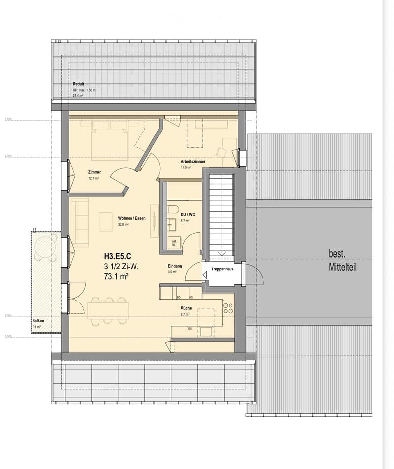 Floor plan of a 3.5-room apartment with a living/dining area, kitchen, bedroom, study, bathroom, and balcony.