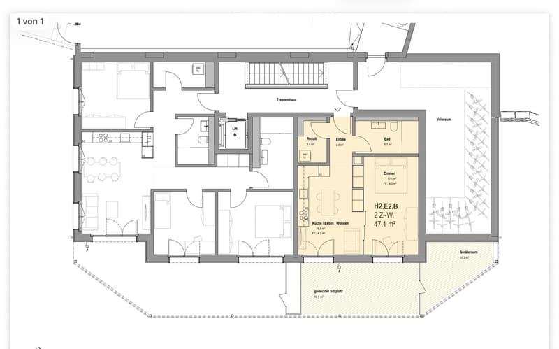 Floor plan of a multi-room apartment including a kitchen/dining/living area, bedroom, bathroom, hallway, and additional spaces such as a storage room and covered seating area.