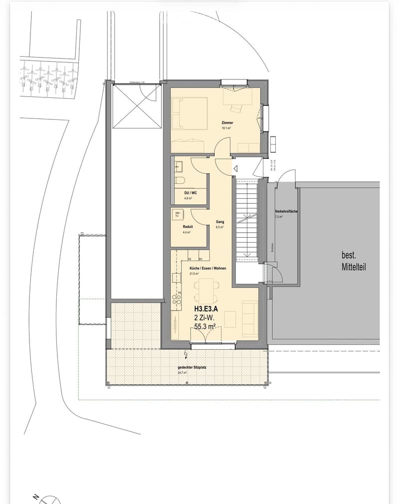 Floor plan showing a multi-room layout including a kitchen, living/dining area, bedroom, bathroom, hallway, and a covered outdoor seating area.