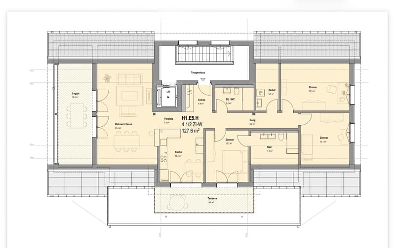 Floor plan of a 127.6 m² apartment featuring a living/dining area, kitchen, three bedrooms, bathroom, and a terrace.