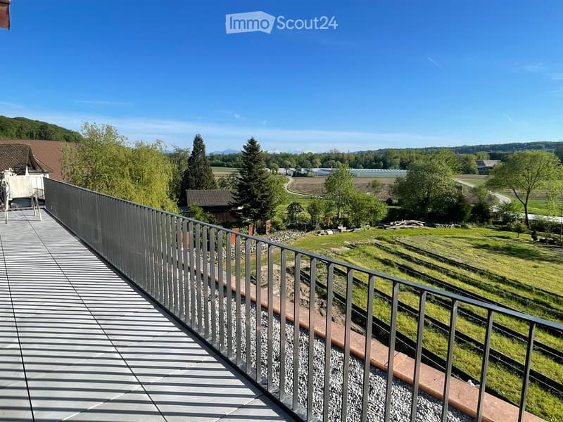 A modern balcony with metal railings, overlooking a green landscape with trees, fields, and distant mountains.