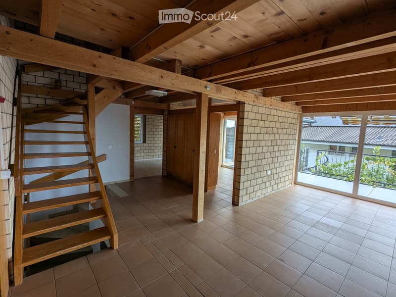 wooden beam ceiling, wooden staircase, tiled floor, glass windows, sliding door