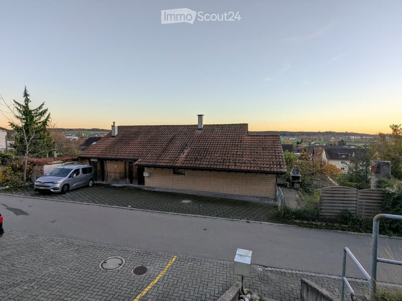 Single story house, brown roof, brick exterior, garage, parked van, pathway, trees, bushes