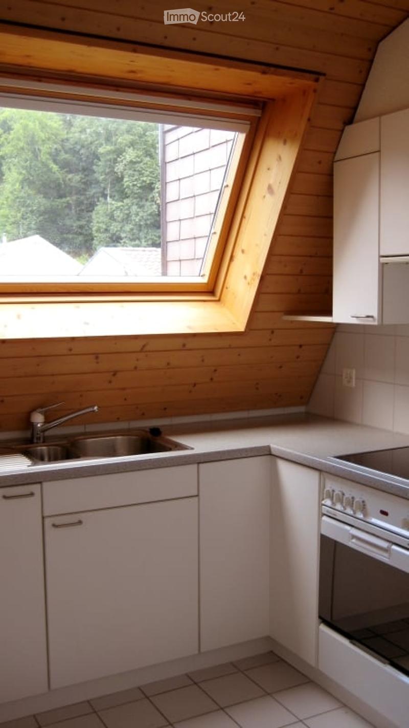 Compact kitchen with white cabinets, a sink, and an oven, featuring wooden walls and a skylight window.