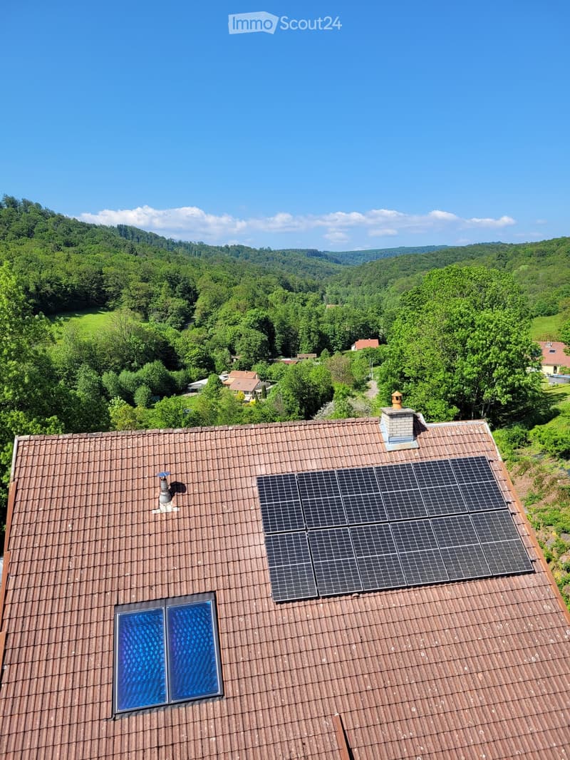 Roof with solar panels, chimney, and skylight window, surrounded by a lush green landscape with trees and distant houses.
