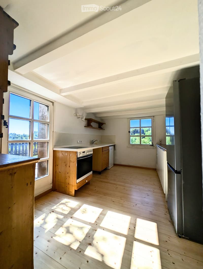 Empty kitchen with wooden cabinets, stainless steel appliances, and large windows overlooking a scenic view. Wooden floor with protective sheets laid out.