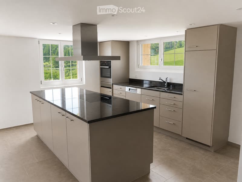 Modern kitchen with light-colored cabinets, black countertops, and stainless steel appliances including a range hood, oven, and sink.