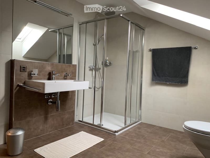 Modern bathroom with a white sink, chrome faucet, large mirror, glass-enclosed shower stall, dark towel, and a toilet. The floor is tiled in brown, and there is a small white rug in front of the shower.