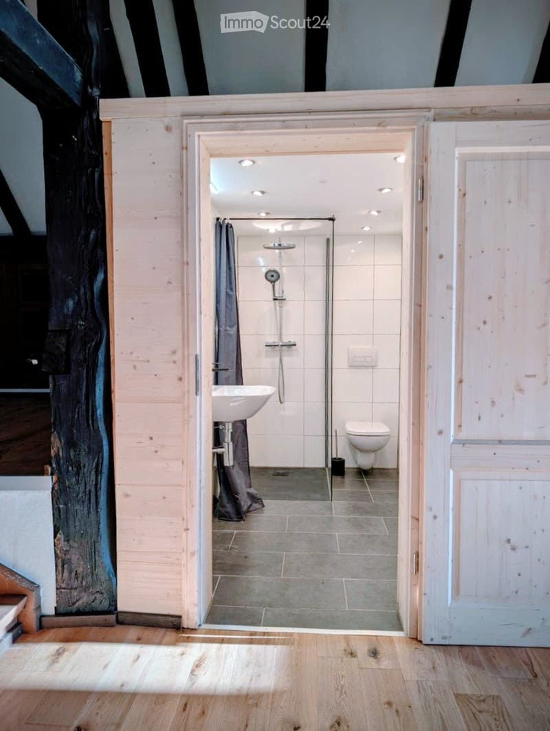 Modern bathroom with wooden walls, grey tiles, a white sink, toilet, and a glass-enclosed shower with a curtain.