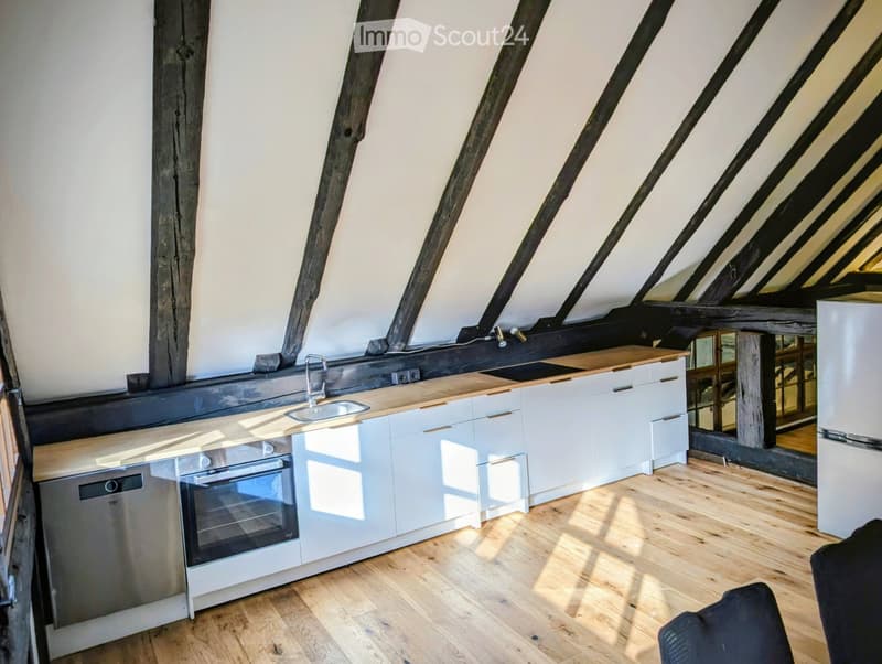 Modern kitchen with light blue cabinets, wooden countertops, stainless steel appliances, and exposed wooden beams on the ceiling.