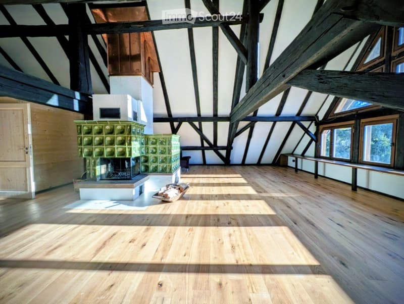 Spacious, high-ceilinged room with exposed wooden beams, polished wooden floor, and a fireplace with green tiles. Large windows allow natural light to fill the room.