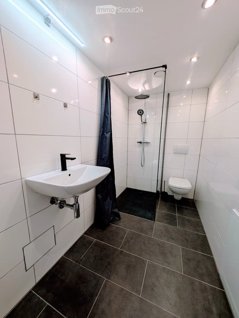 Modern bathroom with white tiles, a sink, toilet, and a walk-in shower with a glass enclosure and a dark shower curtain.